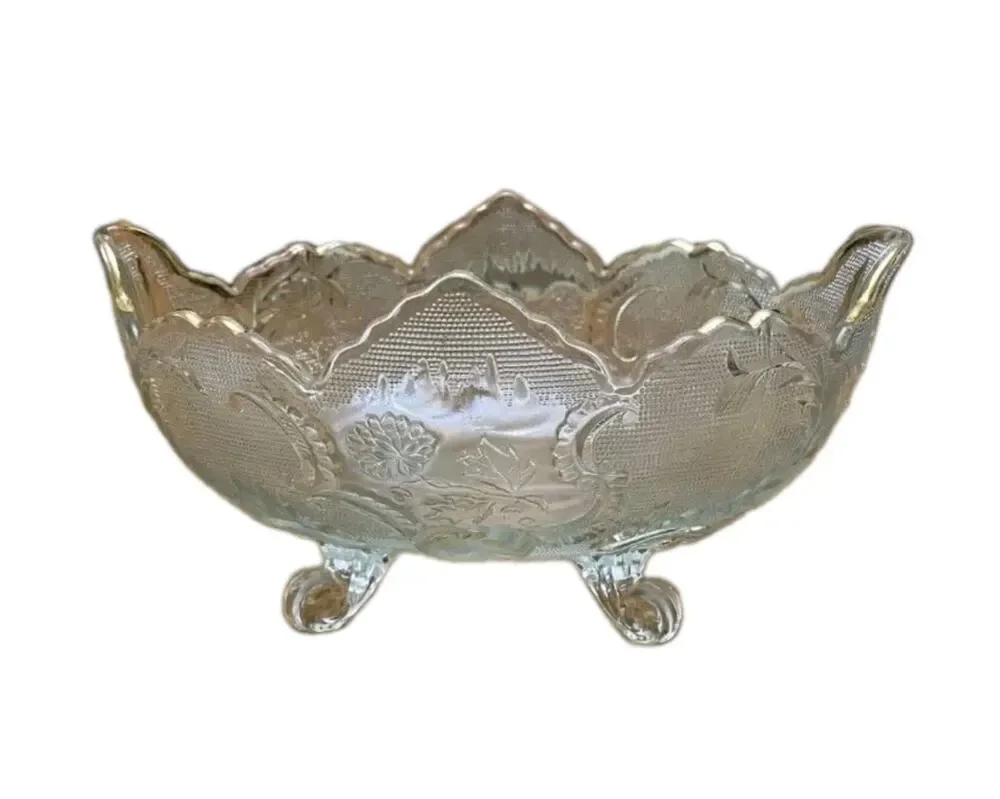 Vintage Jeannette Glass Lombardi Footed Oval Fruit Bowl Gold Trim 10” Maximalist